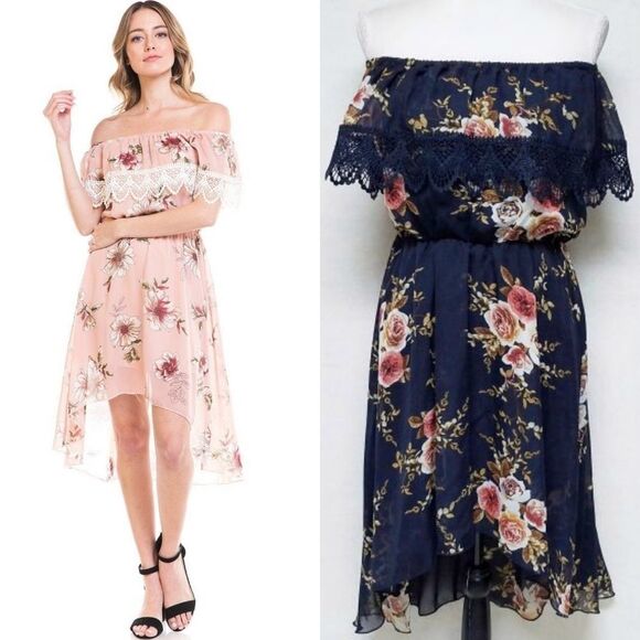 MILEY + Molly Blue Off Shoulder Lace Hi-Low Dress - Picture 1 of 8